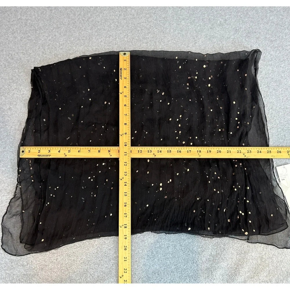 Eileen Fisher Sheer Silk Scarf Black Foil Sprinkled Crinkle Silk Gold Silver NEW